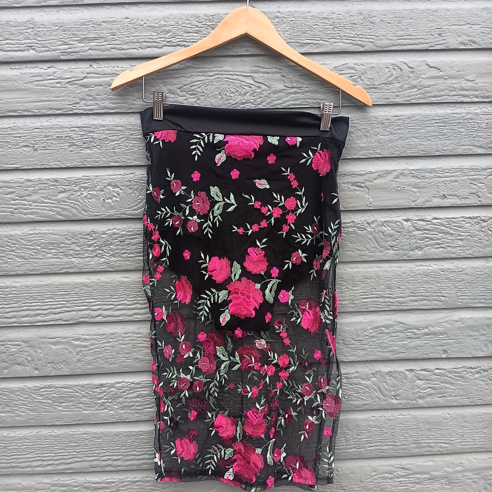 Black Embroidered Floral Mesh Midi Skirt - Pink Rose
